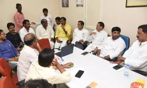 TDP leaders discussing at the party meeting held in Visakhapatnam on Saturday