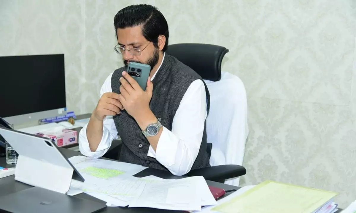 District Collector Dr Manazir Jeelani Samoon holding a teleconference with the district officials on Michaung cyclone in Nandyal on Monday