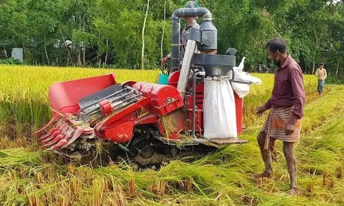 File photo of a paddy harvesting machine in action in the field in Anantapur district