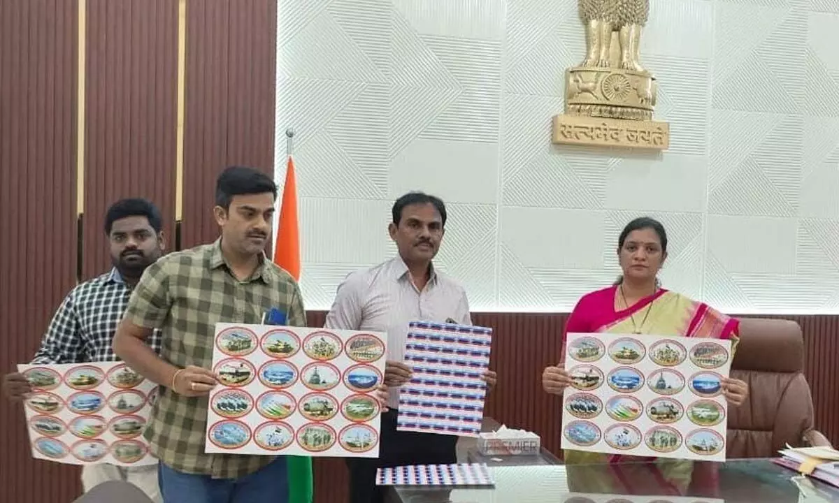 District Collector M Gautami releasing stickers regarding ‘Flag Day’, at her chambers in Anantapur Collectorate on Monday