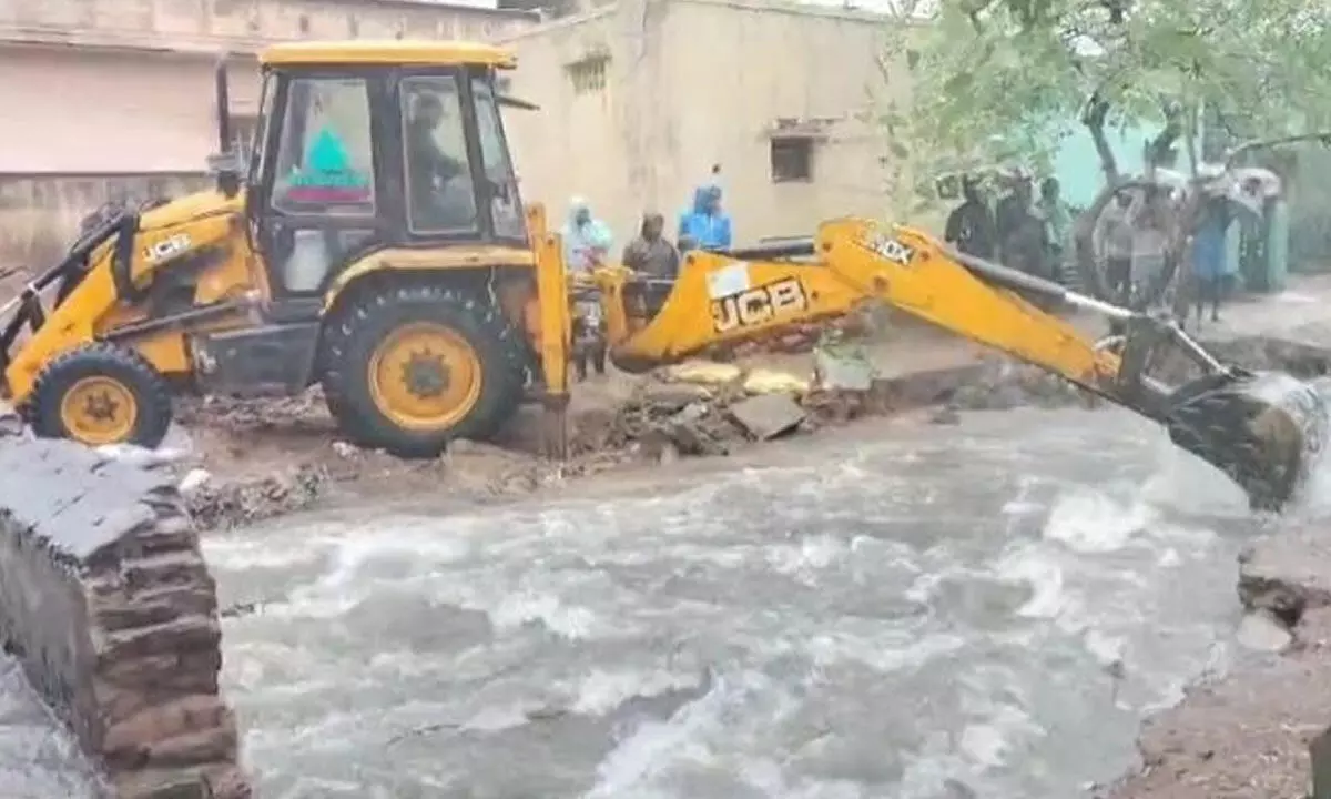 Desilting works going on at Indiramamma Colony on Monday