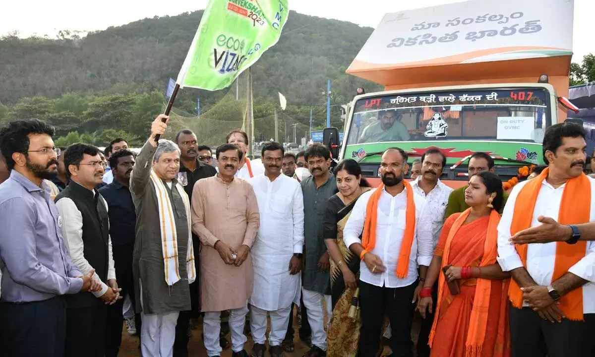 Railway Minister Ashwini Vaishnaw flagging off the Viksit Bharat Sankalp Yatra campaign vehicle in Visakhapatnam on Saturday