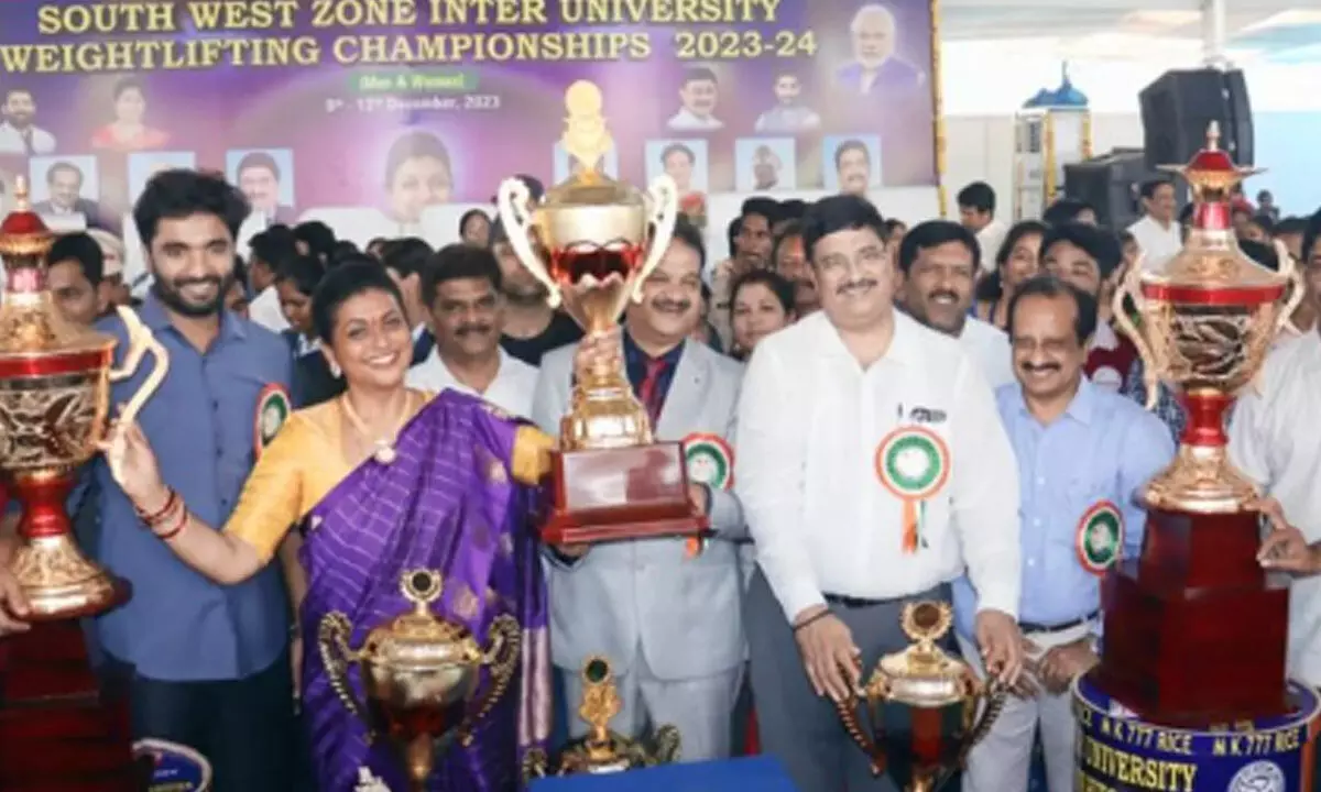 Minister for Tourism, Culture, Youth Services and Sports R K Roja inaugurating the South and West Zone Weightlifting competitions at Adikavi Nannaya University (AKNU) in Rajamahendravaram on Saturday