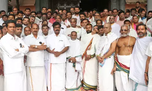 TTD officials and Potu workers who participated in a meeting at Vaibhavotsava Mandapam  at Tirumala on Saturday