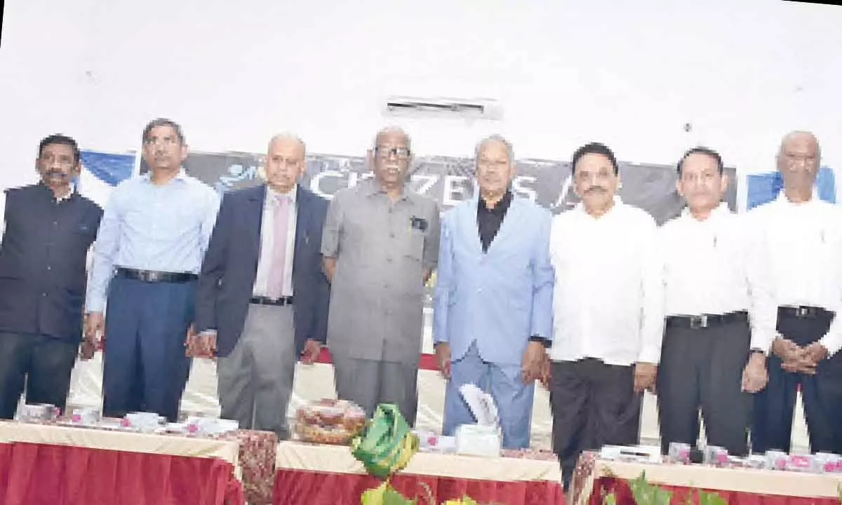 Members of Citizens for Democracy Justice MN Rao, Justice Bhavani Prasad, Nimmagadda Ramesh Kumar, L V Subramanyam and others at a public meeting in Tirupati on Sunday