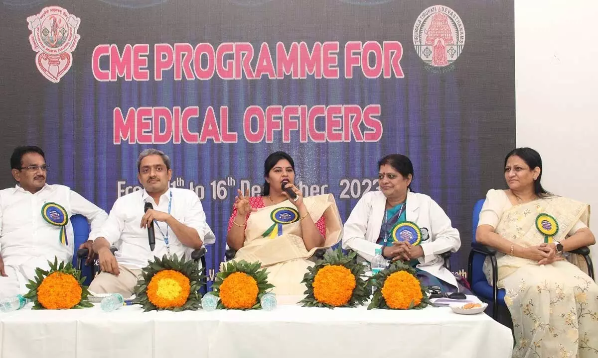 TTD JEO Sada Bhargavi speaking at the CME training programme at SV Ayurveda College in Tirupati on Monday