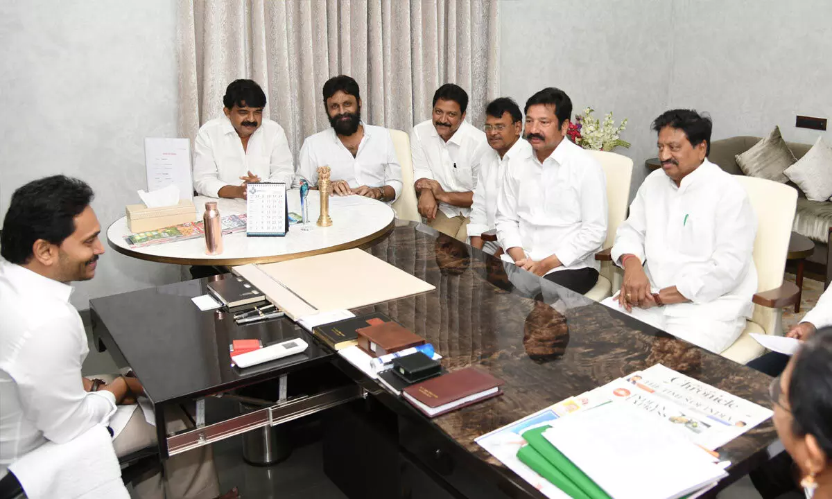 Chief Minister Y S Jagan Mohan Reddy holds a review with MLAs and officials on cyclone damage to crops at his camp office in Tadepalli on Tuesday