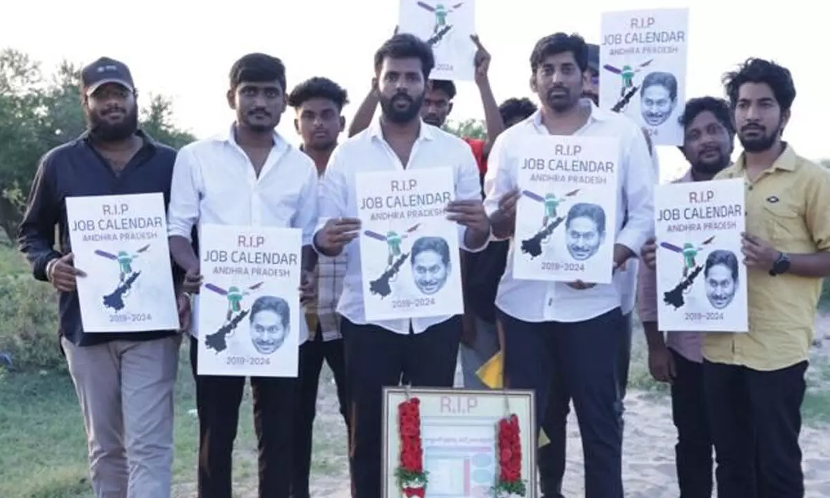 Telugu Youth burying the job calendar in Vijayawada on Tuesday