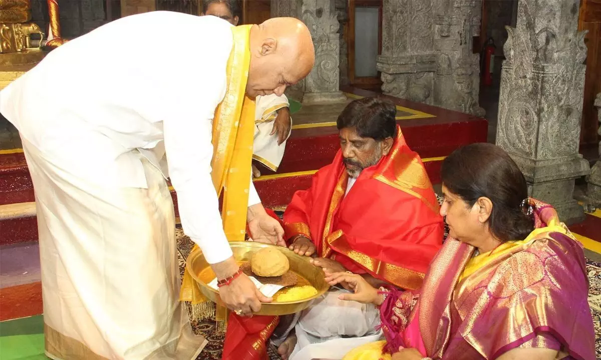 TTD EO A V Dharma Reddy offering Srivari Prasadam to TS Deputy Chief Minister Mallu Bhatti Vikramarka at Tirumala on Tuesday