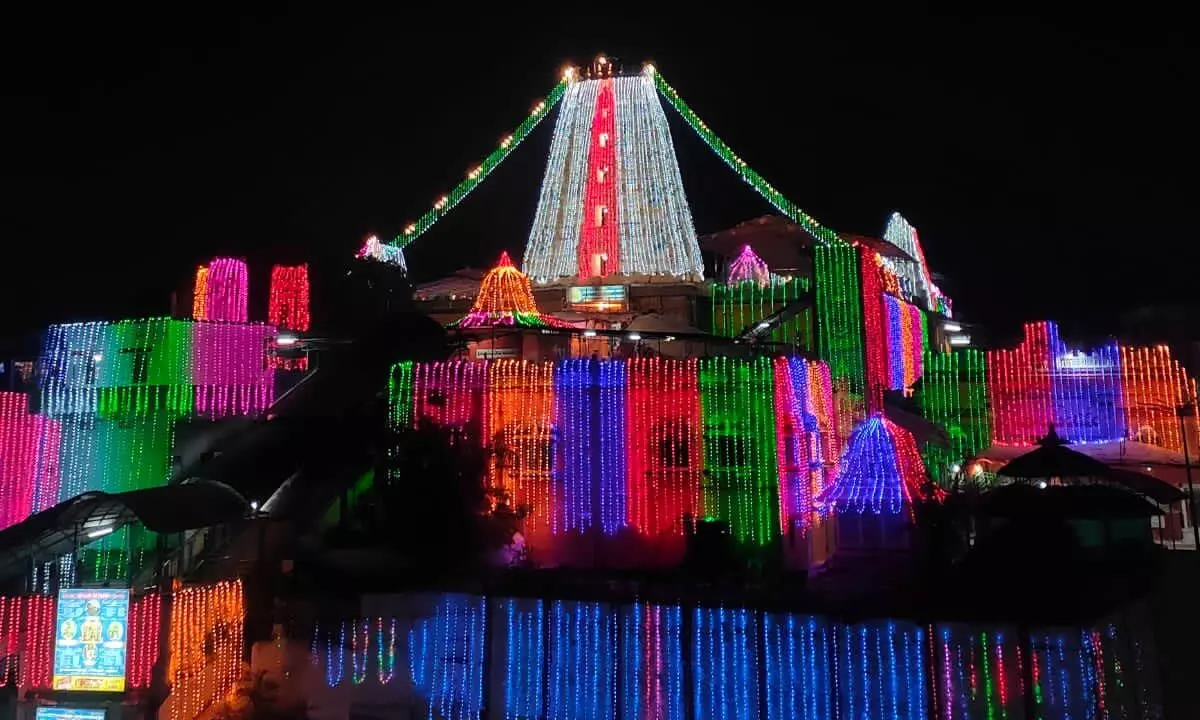 Lord Rama temple decorated with colourful lights for an event of Mukkoti celebrations