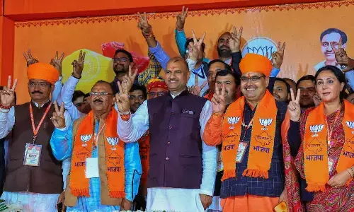 Newly-elected Rajasthan Chief Minister Bhajan Lal Sharma (second from right) with his deputies Diya Kumari and Prem Chand Bairwa, newly-elected State Assembly Speaker Vasudev Devnani and Rajasthan BJP President CP Joshi during BJP Legislature Party meeting, in Jaipur on Tuesday