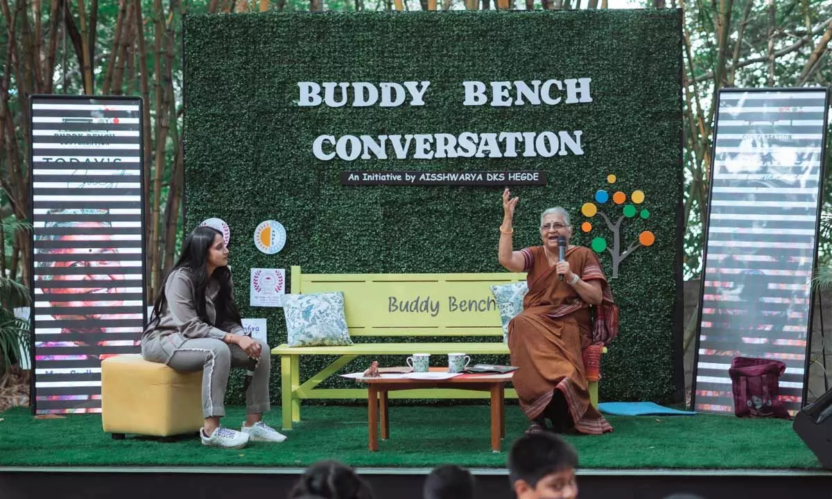 Buddy Bench Conversations : First episode features guests Sudha Murty and her pet buddy, Gopi Murty