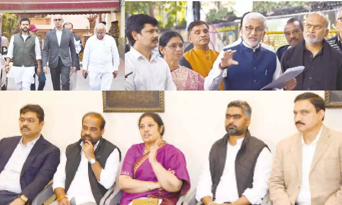 TDP MPs coming out of Nirvachan Sadan after submitting a memorandum over alleged irregularities in revision of elctoral rolls in Andhra Pradesh, in New Delhi on Thursday; YSRCP MP V Vijayasai Reddy along with other MPs addressing the media after submitting a representation to Chief Election Commissioner in New Delhi on Thursday; BJP state president D Purandeswari addressing the media after submitting a petition to CEC in New Delhi on Thursday