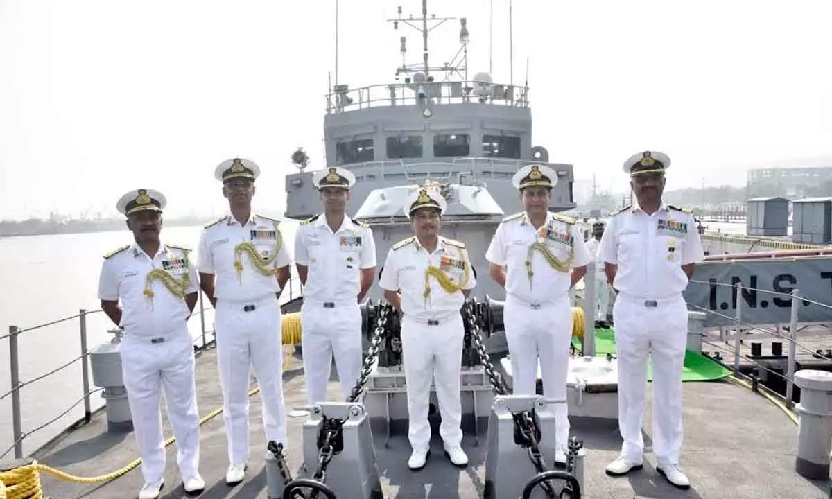 A water jet fast attack craft INS Tarmugli inducted into the Indian Navy at Naval Dockyard Visakhapatnam on Thursday