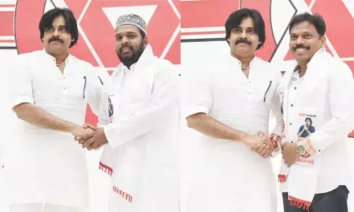 Jana Sena  president Pawan Kalyan welcoming Dr Mohmmad Sadiq from Visakhapatnam and Garikapati Venkat from Prakasam district into party fold at party headquarters in Mangalagiri on Thursday.