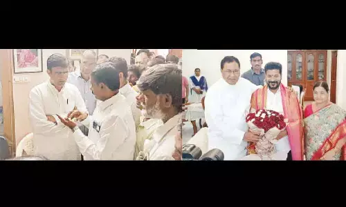 Congress top leader Rohit Choudhary listening to the Patel Ramesh Reddy’s voice before the withdrawal of his nomination as Congress rebel candidate for Suryapet seat (File Photo); TPCC president and CM Revanth Reddy made a courtesy call to Congress senior leader and former minister Jana Reddy at his residence in Hyderabad (File Photo)