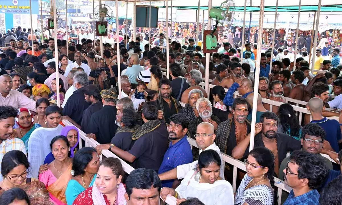 Devotees in queue lines at Kanipakam temple on Saturday
