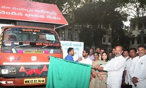 BJP National General Secretary, MP Bandi Sanjay Kumar flagging off ‘Vikasit Bharat Sankalpa Yatra’ in Karimnagar on Saturday
