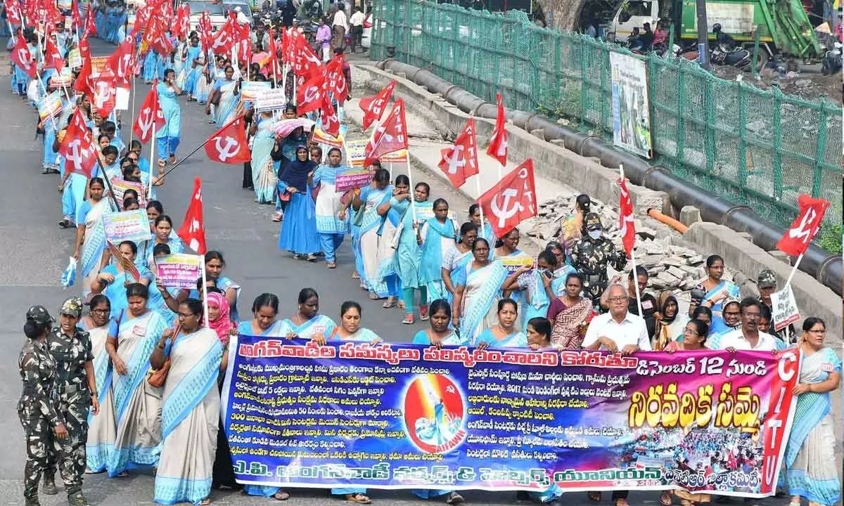 Anganwadi workers takeout a protest rally from Railway station to dharna chowk in Vijayawada  on Monday Photo Ch Venkata Mastan