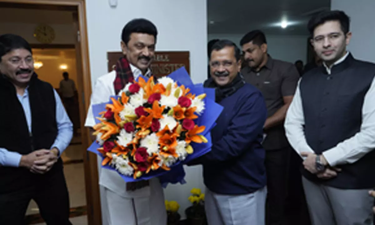 Stalin meets Kejriwal ahead of INDIA bloc meeting in New Delhi