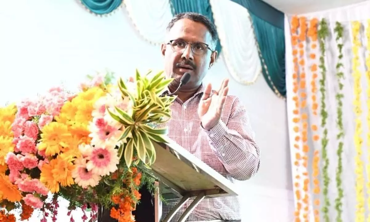 School Education department Commissioner S Suresh speaking at the concluding programme of NES-2020 at Kasturba Kalakshetram in Nellore on Monday