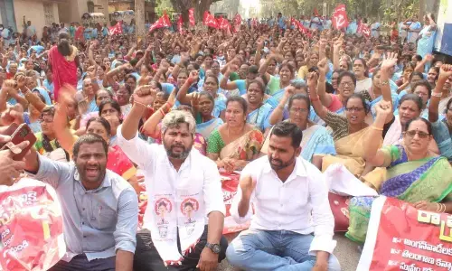 Anganwadi workers staging a protest in front of the Collector’s office in Srikakulam on Monday