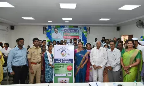 East Godavari District Collector Dr K Madhavi Latha, SP P Jagadeesh, Municipal Commissioner K Dinesh Kumar and others participating in the Aarogyasri awareness meet in Rajamahendravaram on Monday