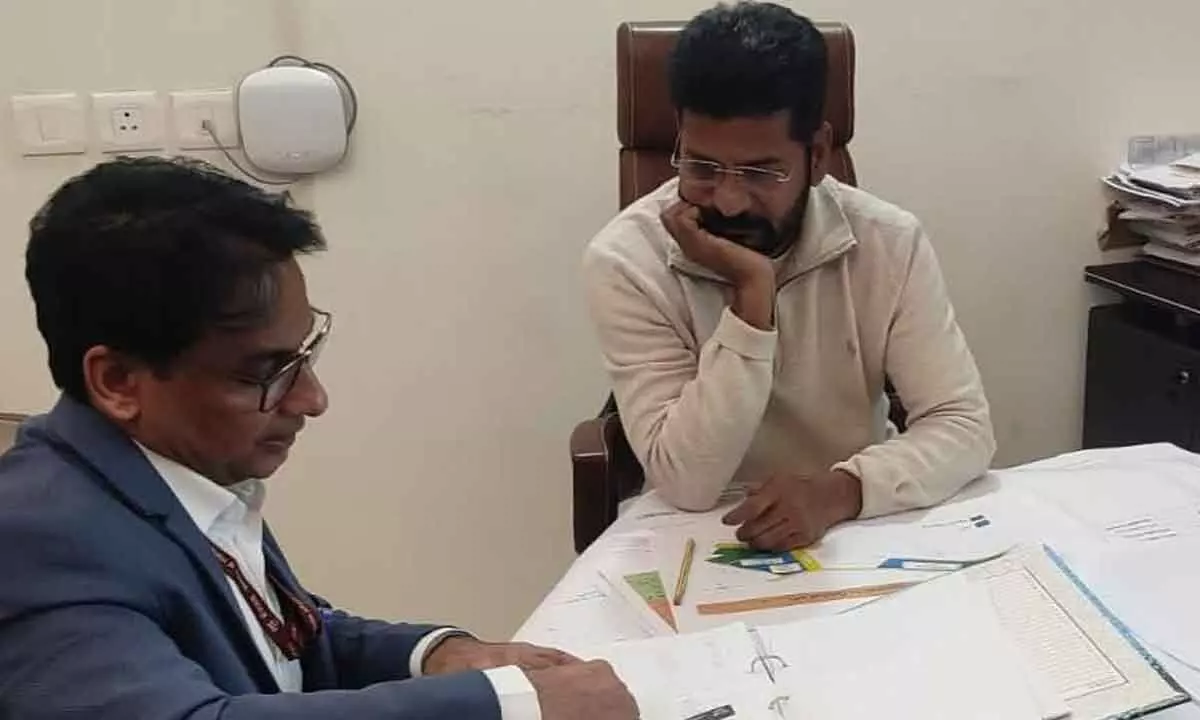 Chief Minister A Revanth Reddy making a comprehensive review with Telangana Resident Commissioner Gaurav Uppal on the division of assets pertaining to the Telangana and Andhra Pradesh Bhavan, and the ongoing construction of the new Telangana Bhavan, in New Delhi on Tuesday