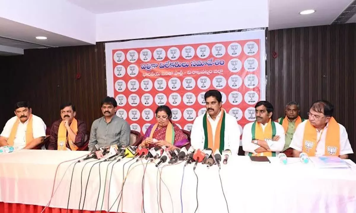 Andhra Pradesh BJP president Daggubati Purandeswari speaking at the media conference in Visakhapatnam on Tuesday