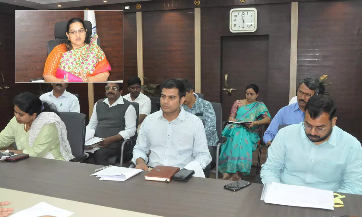 District Collector Dr G Srijana holding a meeting with officials on ‘Aadudam Andhra’ in Kurnool on Tuesday