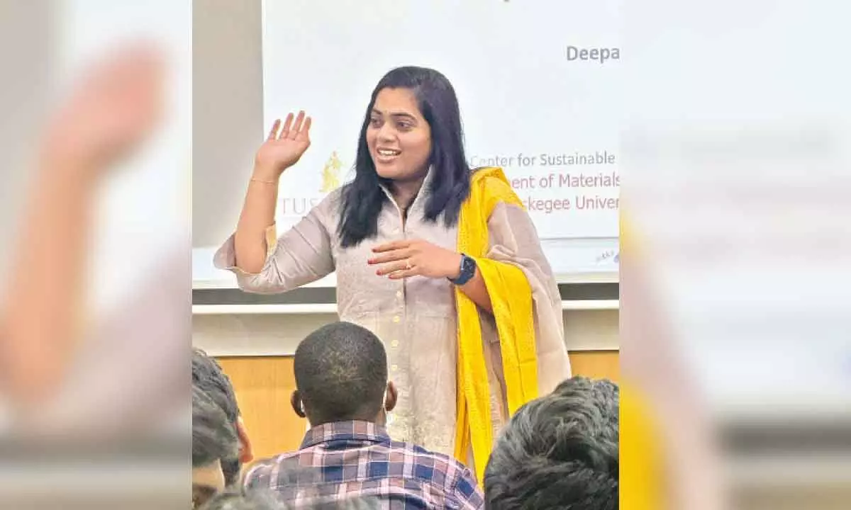 Engineering researcher Dr Deepa Kodali delivering a lecture at the campus in Visakhapatnam on Thursday