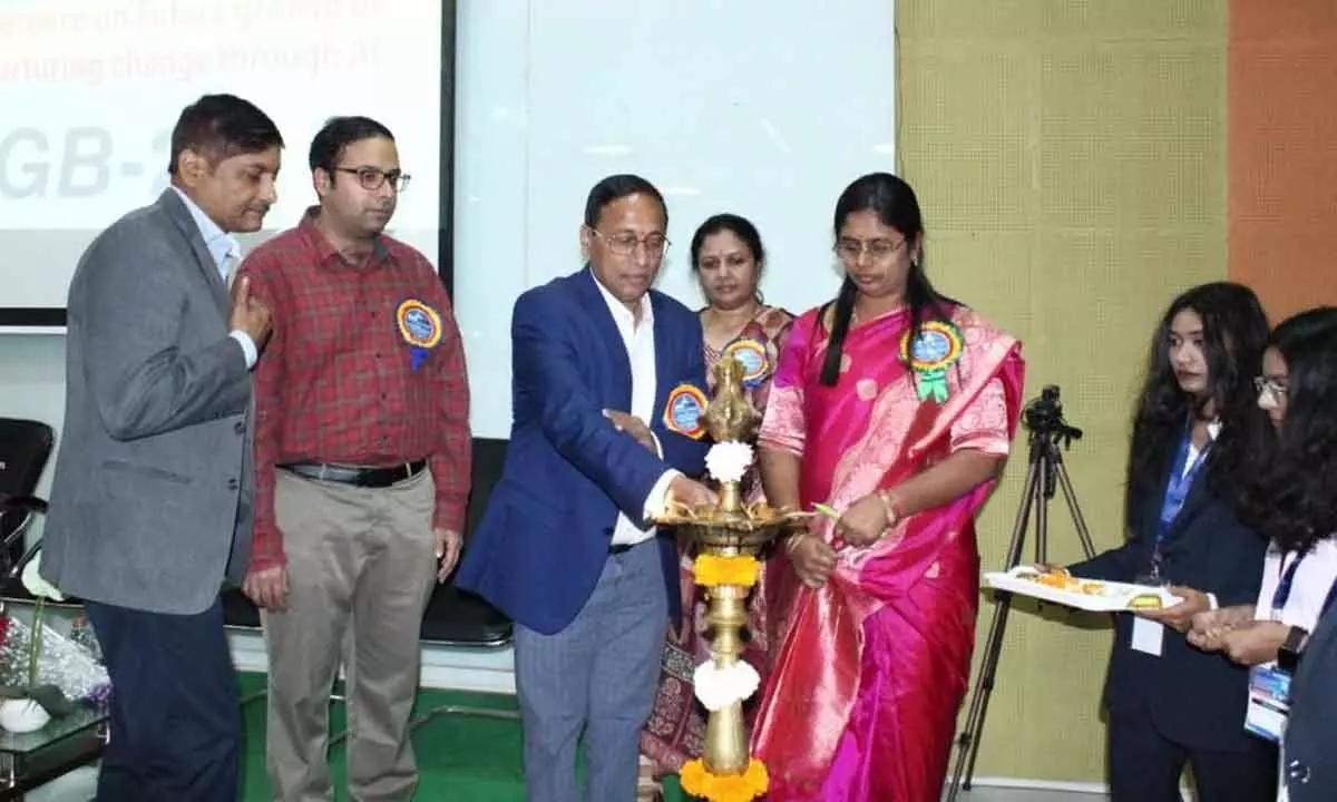 Dr Suhasini Reddy, (Conference Convenor School of Business) and other dignitaries lighting the lamp at an international conference on ‘Nurturing Change Through Artificial Intelligence (AI)’ at SRU Ananthasagar Campus on Thursday.