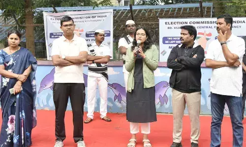 (From Left to Right) Additional municipal commissioner KV Satyavati, municipal commissioner Swapnil Dinakar Pundkar, Sub-Collector Aditi Singh, joint collector Sampat Kumar, district collector S Dilli Rao launching the SVEEP programme in Vijayawada on Thursday