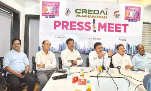 CREDAI Visakhapatnam office bearers addressing the media on property show in Visakhapatnam on Thursday