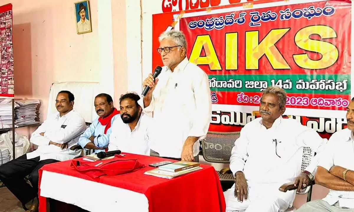 General Secretary of Andhra Pradesh Rythu Sangham KVV Prasad speaking at a district conference in Rajamahendravaram on Sunday