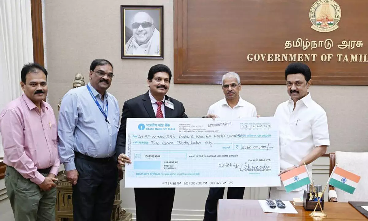 NLC India Limited contributes rs.4.30 crores to CM public relief fund for the flood affected people of Tamil Nadu