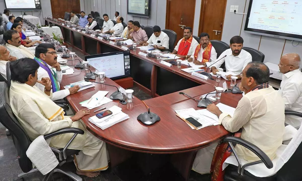 TTD chairman Bhumana Karunakar Reddy, EO A V Dharma Reddy, members and officials take part in Trust Board meeting at Tirumala on Tuesday