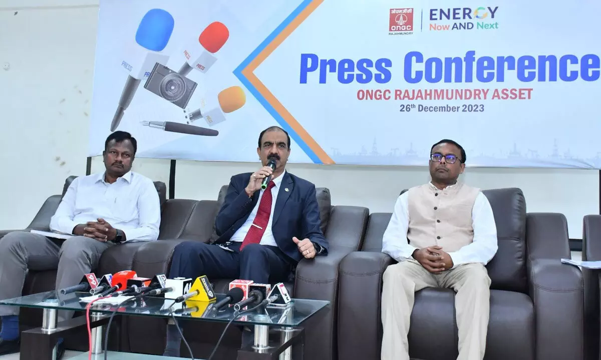 ONGC ED Asset Manager Amit Narayan speaking at media conference at the ONGC base complex in Rajamahendravaram on Tuesday
