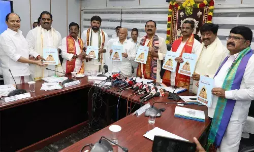 TTD Chairman Bhumana Karunakar Reddy, EO A V Dharma Reddy and others releasing calendars and books at Annamayya Bhavan at Tirumala on Tuesday
