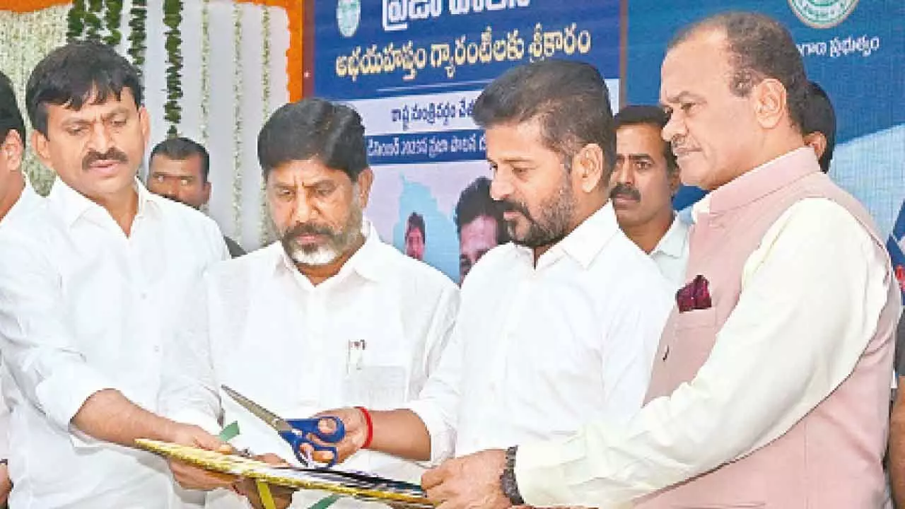 Chief Minister A Revanth Reddy along with Deputy Chief Minister Mallu Bhatti Vikramarka, R&B Minister Komatireddy Venkat Reddy and Revenue Minister Ponguleti Srinivas Reddy  launches Praja Palana (Abhaya Hastham) application form at State Secretariat, in Hyderabad on Wednesday