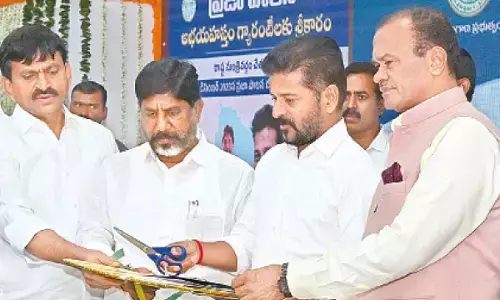 Chief Minister A Revanth Reddy along with Deputy Chief Minister Mallu Bhatti Vikramarka, R&B Minister Komatireddy Venkat Reddy and Revenue Minister Ponguleti Srinivas Reddy  launches Praja Palana (Abhaya Hastham) application form at State Secretariat, in Hyderabad on Wednesday