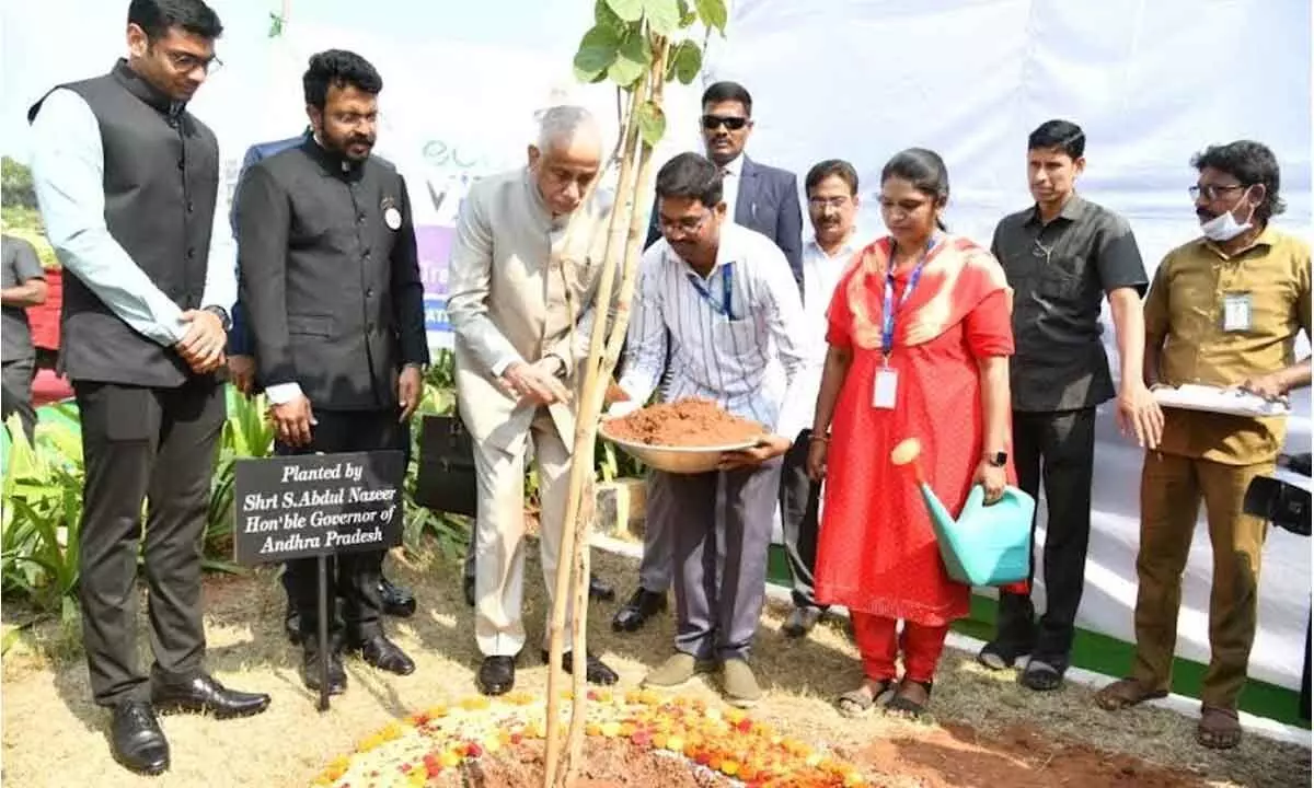 Andhra Pradesh Governor S Abdul Nazeer taking part in a tree plantation programme in Visakhapatnam on Thursday