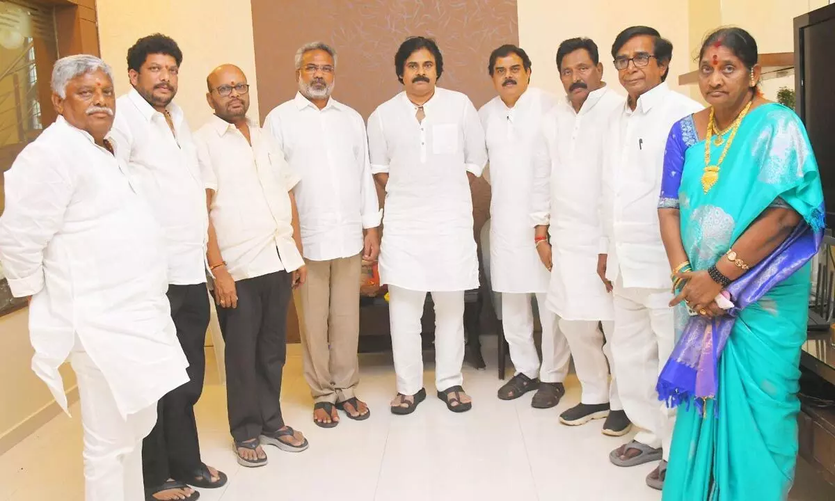 TDP leaders during a meeting with Jana Sena president Pawan Kalyan in Kakinada on Saturday