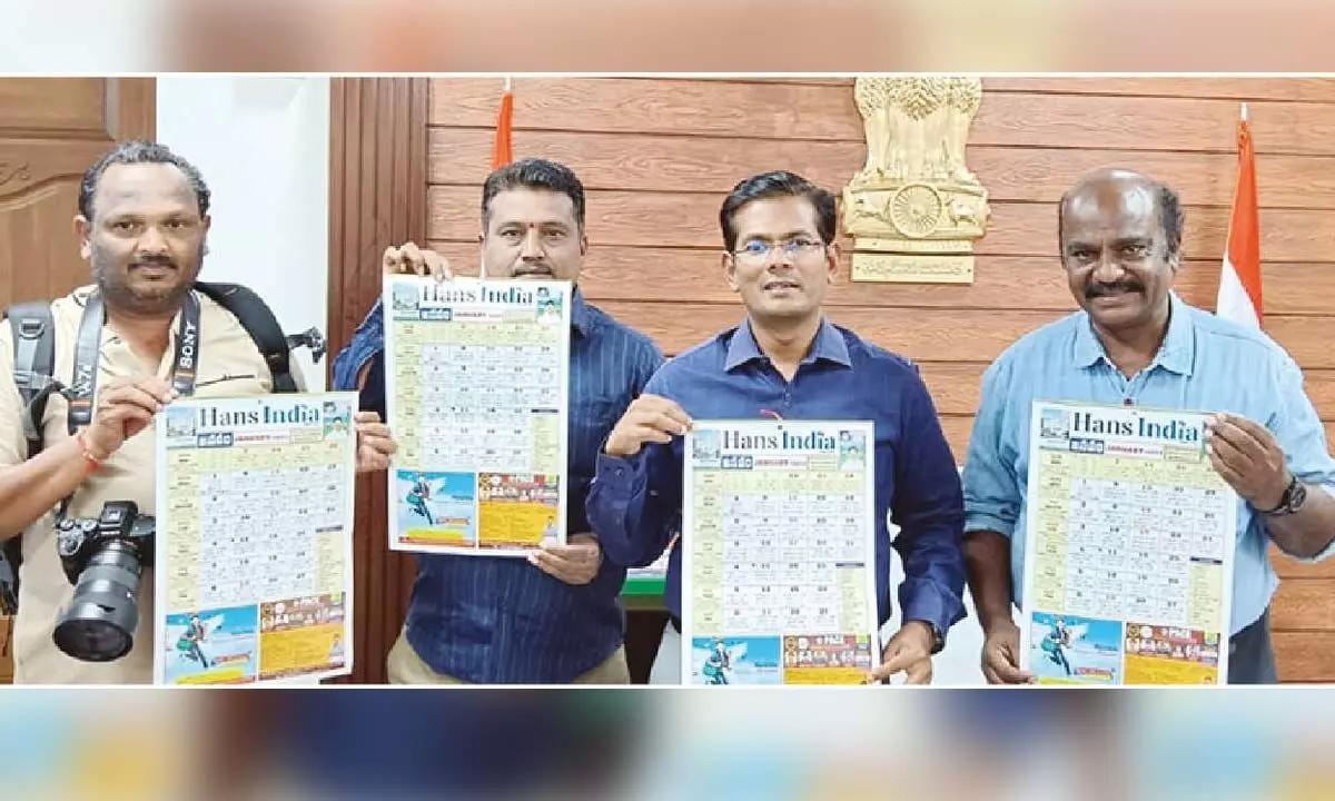 Prakasam Collector A S Dinesh Kumar (second from right) launching The Hans India calendar for 2024 in Ongole on Saturday