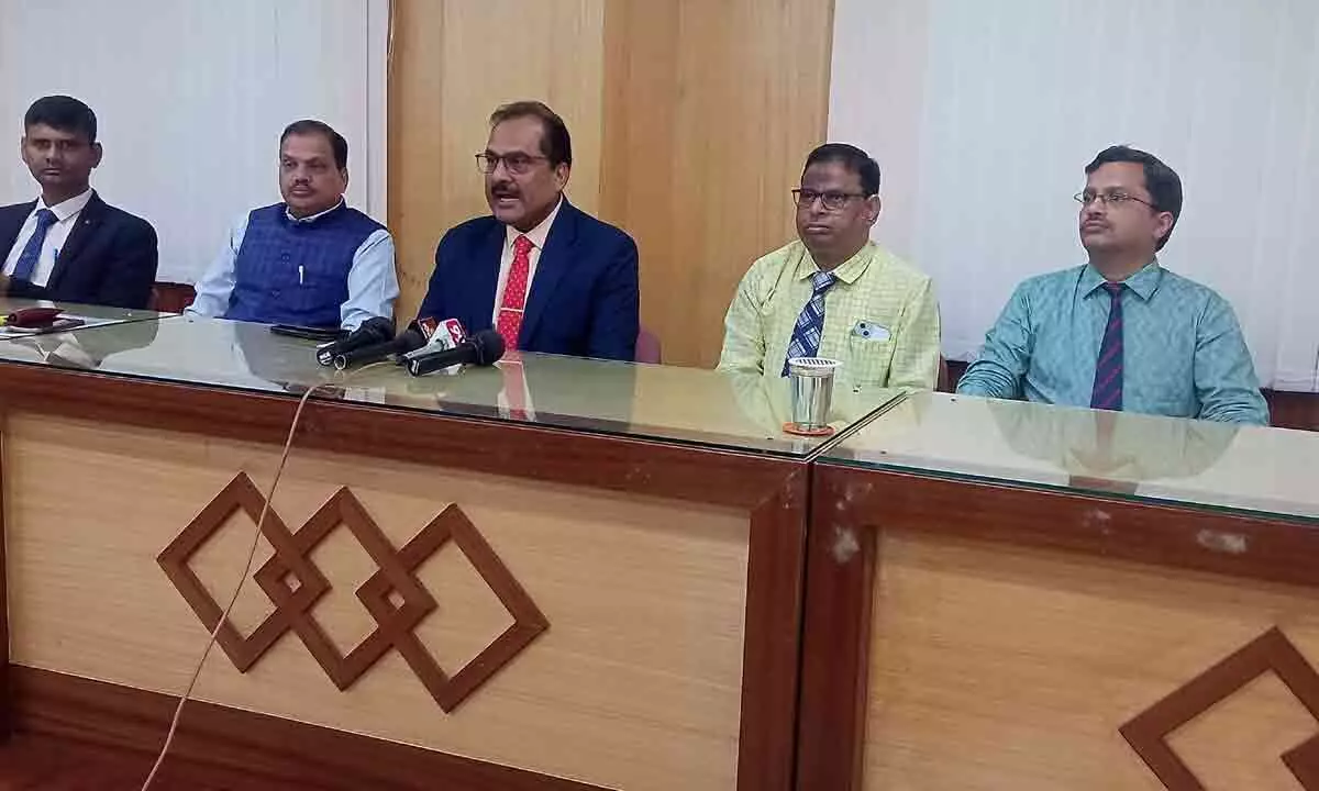 APGB chairman Rakesh Kashyap addressing a press meet in Kadapa on Monday