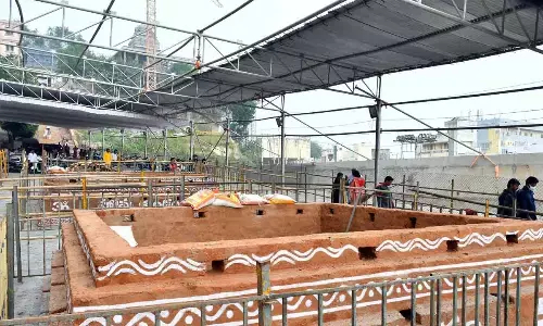 Arrangements being made at Sri Kanakadurga temple on Indrakeeladri in Vijayawada on Monday for Deeksha Viramana by Bhavani devotees Photos: Ch Venkata Mastan