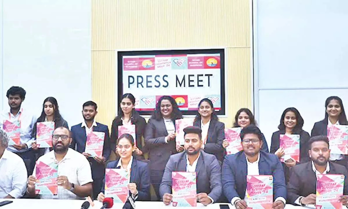 GITAM Business School students and organising team releasing a poster of the national-level student fest ‘Excellence Meet 2024-Kartavya’ during the media conference held in Visakhapatnam on Tuesday