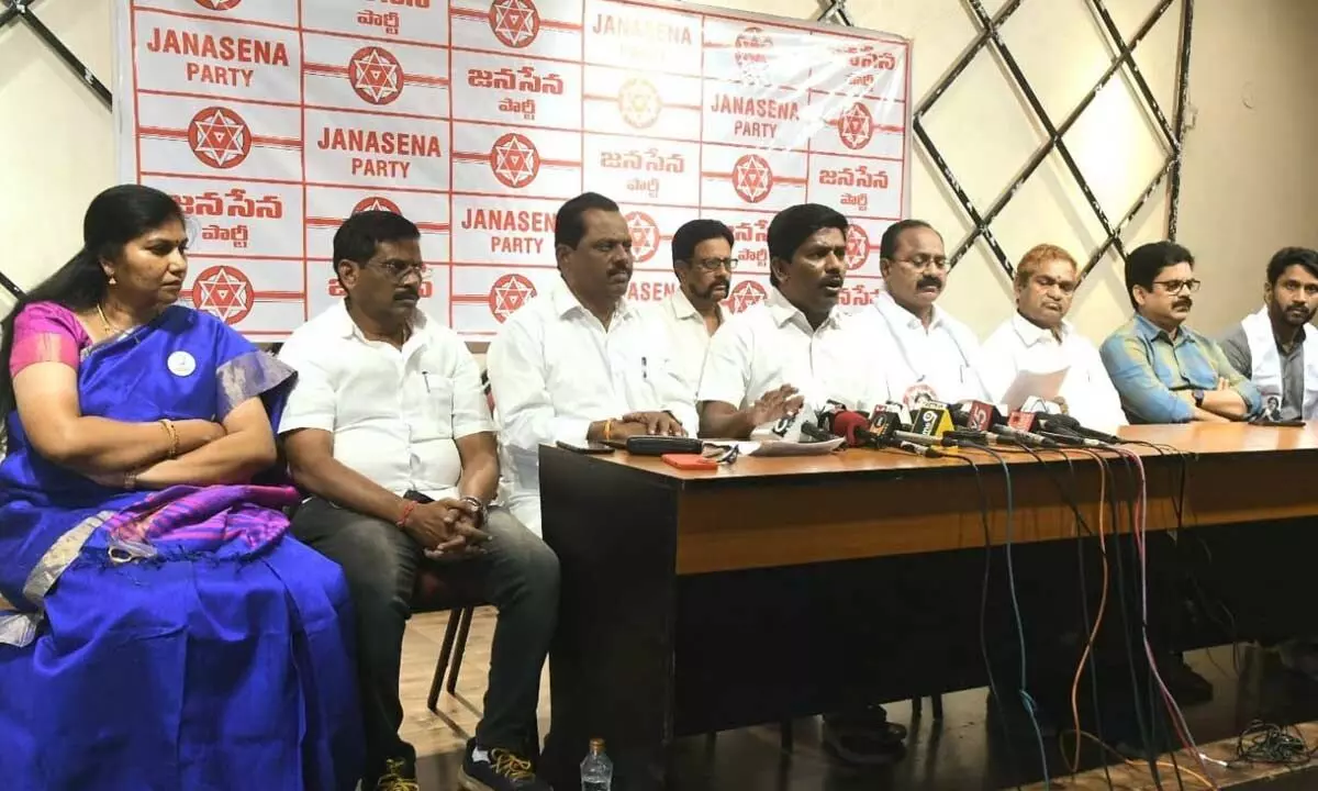 JSP leaders addressing the media in Visakhapatnam on Tuesday