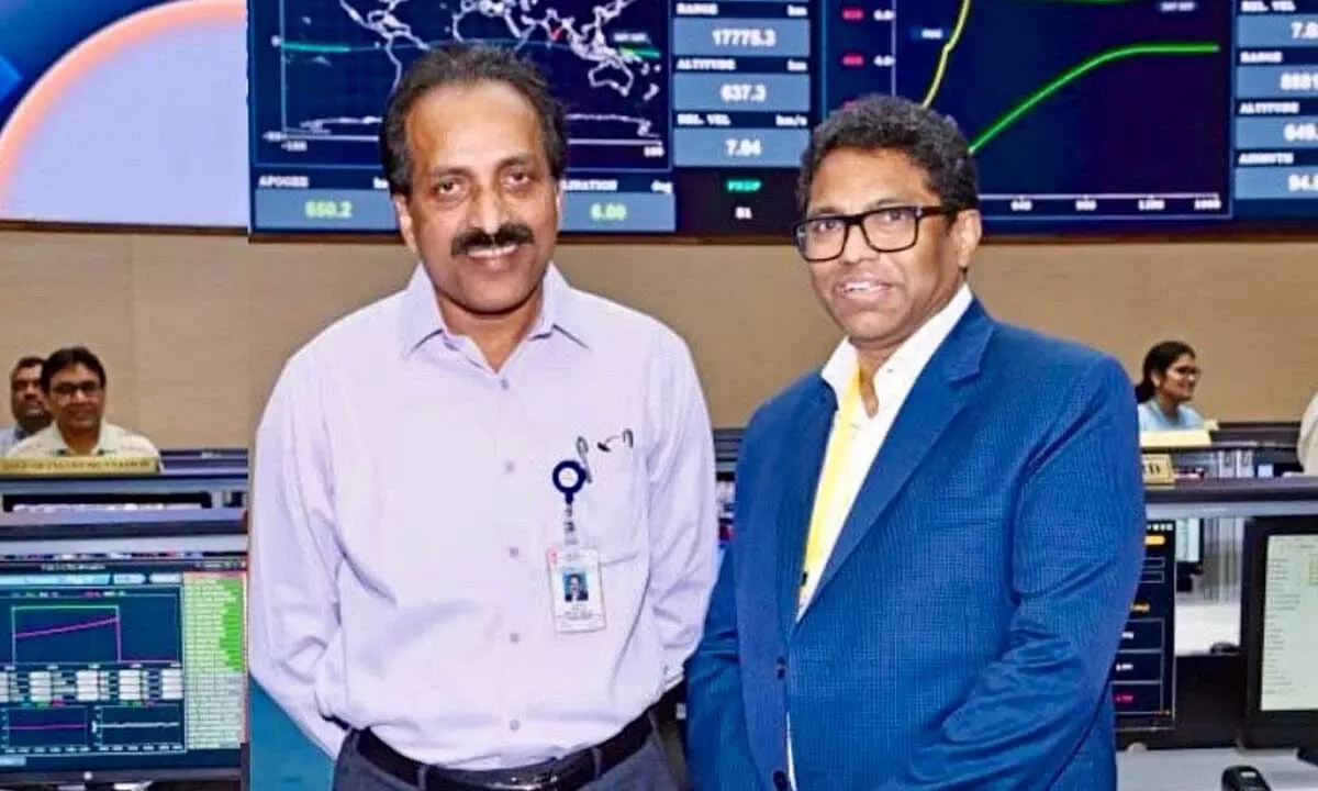 Founder Managing Director of Sri City Dr Ravindra Sannareddy (right) with ISRO Chairman S Somanath