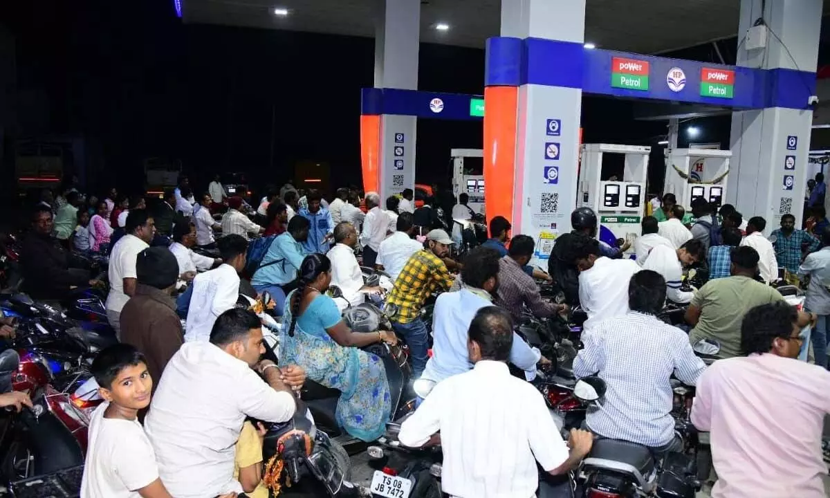 Motorists in large numbers witnessed at a petrol bunk in Yadagirigutta on Tuesday
